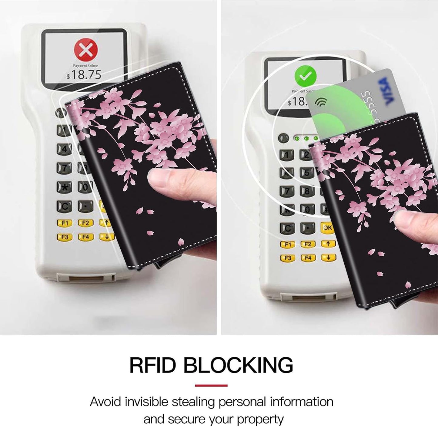 HOTPop Up Wallet Women Men with Money Slot,RFID Blocking Leather Minimalist Automatic Credit Card Holder Business Trifold Card Case-Cherry Blossoms