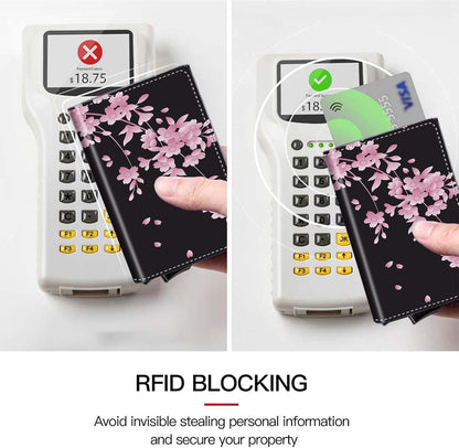HOTPop Up Wallet Women Men with Money Slot,RFID Blocking Leather Minimalist Automatic Credit Card Holder Business Trifold Card Case-Cherry Blossoms