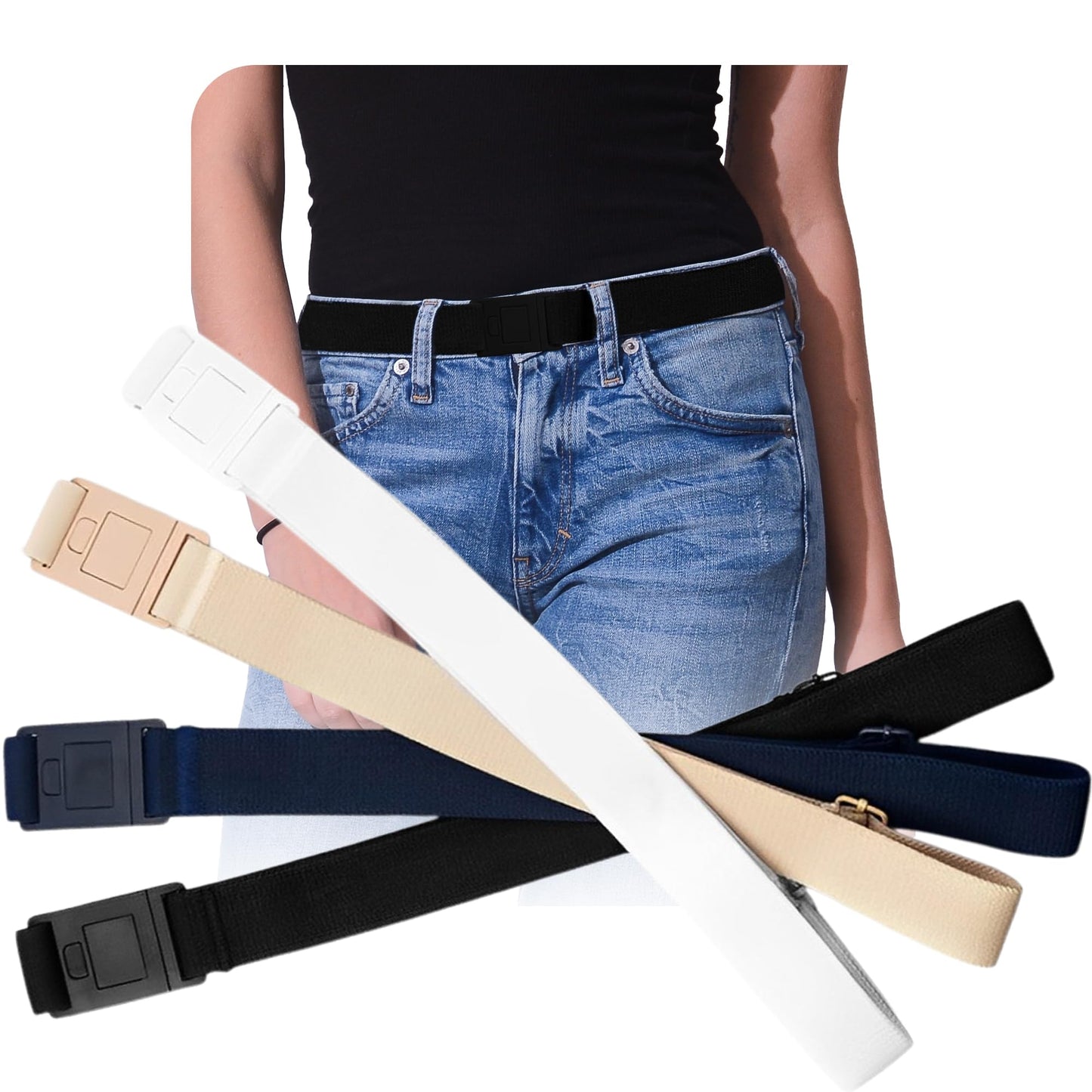 HOTBELTAWAY Easily Adjustable Elastic Flat Buckle No Show Belts for Women – Stretch No Bulge jeans pants