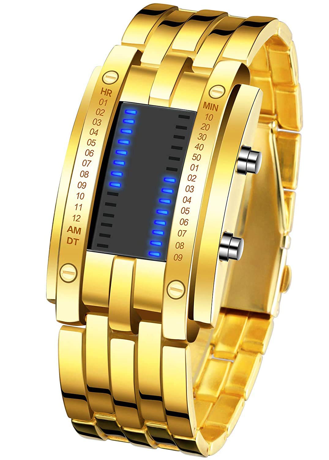 HOTReginald Fashion Mens Binary Sports Watch Digital LED Matrix Waterproof Outdoor Casual Black Bracelet Blue Backlit Men's Square Watch