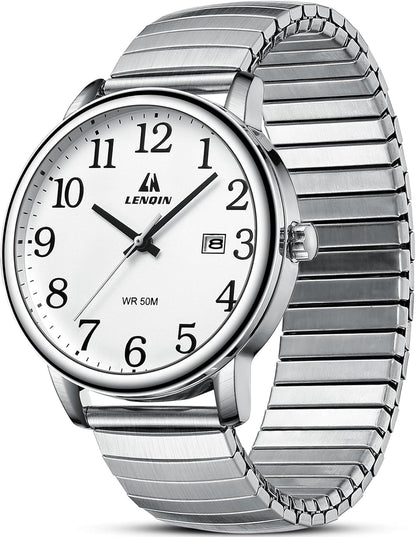 HOTLN LENQIN Mens Watches Easy Read Analog Quartz Sport Waterproof Watch for Men with Date and 38mm Stainless Steel Expansion Band