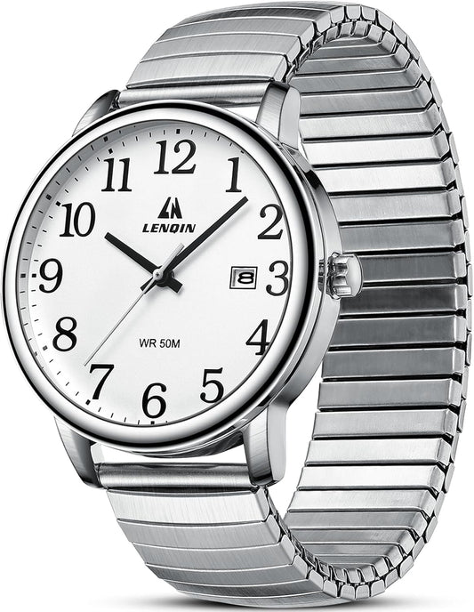 HOTLN LENQIN Mens Watches Easy Read Analog Quartz Sport Waterproof Watch for Men with Date and 38mm Stainless Steel Expansion Band