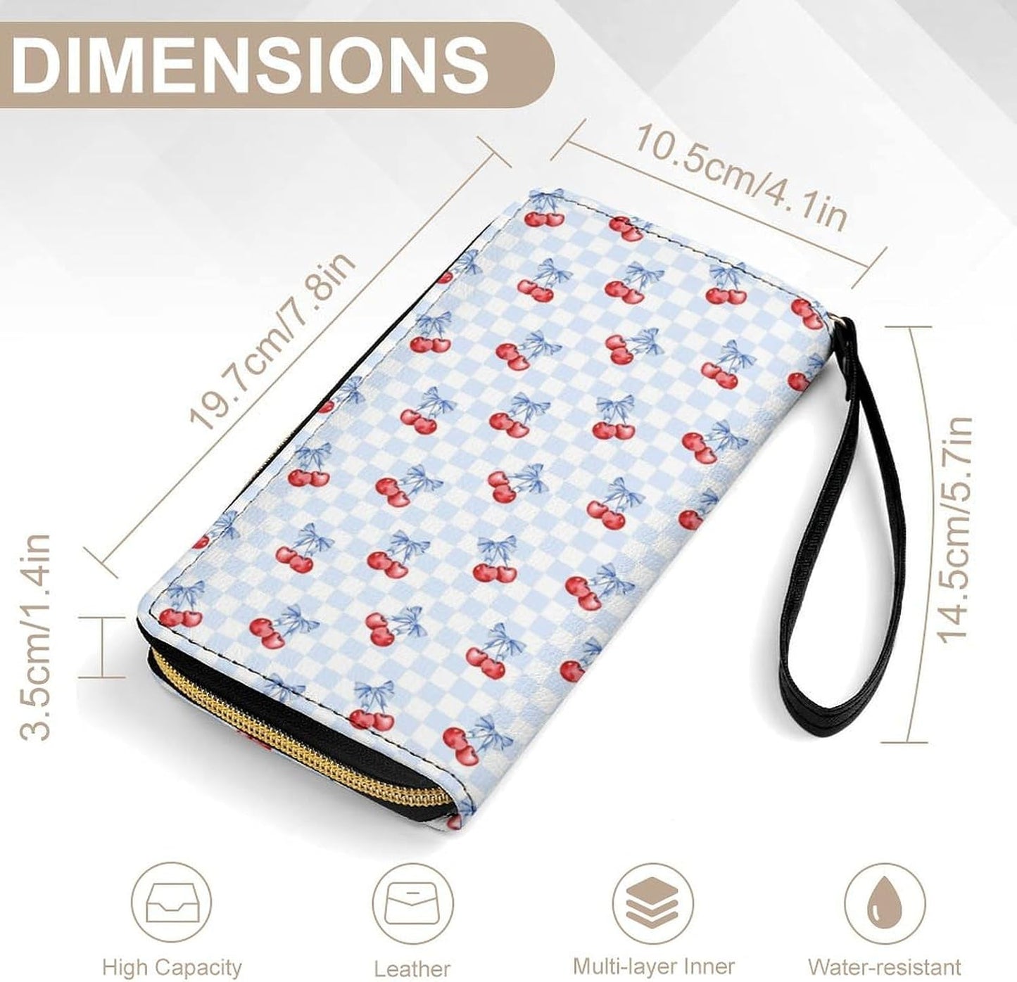 HOTCherry Bow Blue White Checkered Leather Wallet for Women Mens Clutch Purse Large Capacity Wristlet Wallets for Cash Coin Smart Phone Ladies Gift