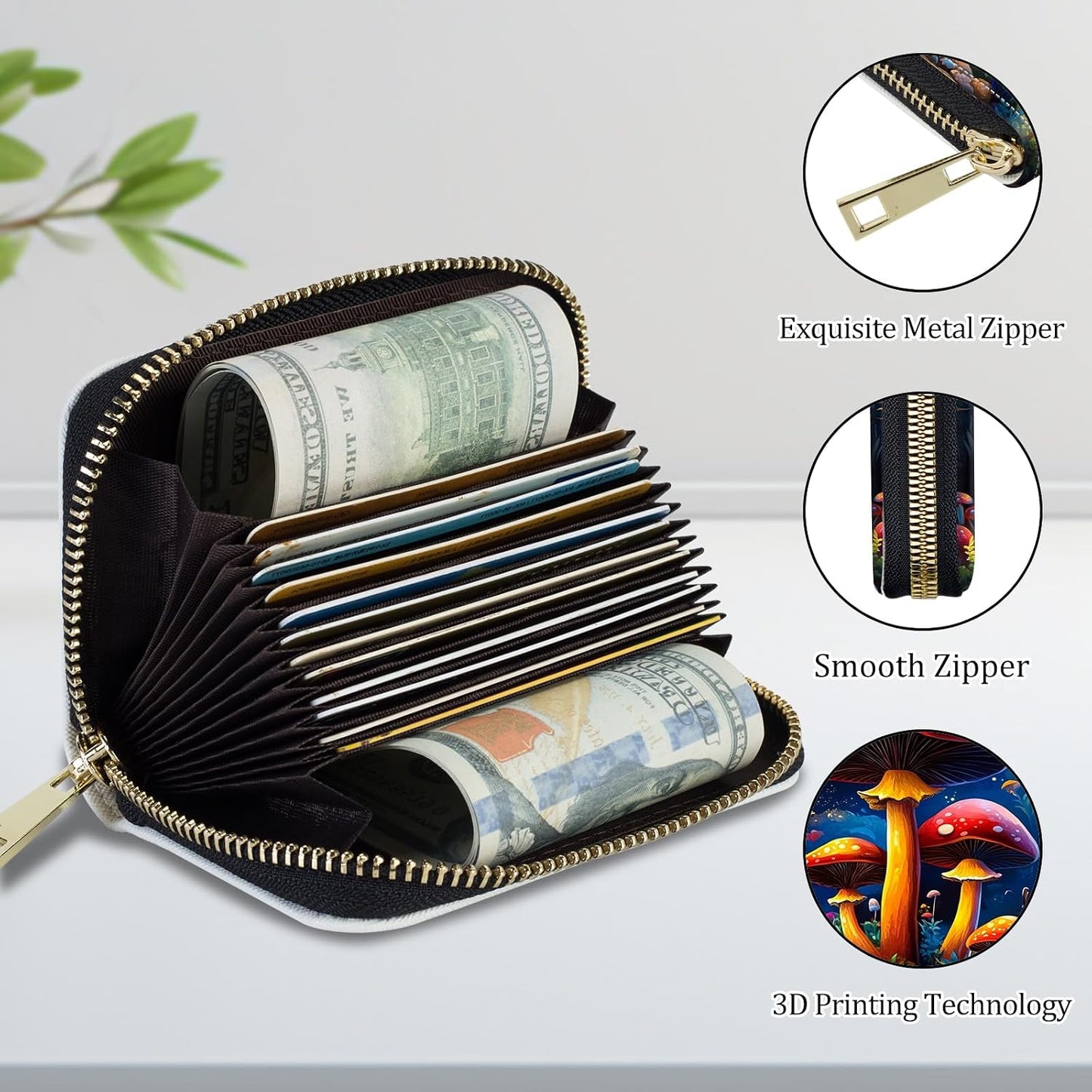 HOTCredit Card Holder for Women Men,RFID Blocking Small Card Case Wallet with Zipper,Leather Pocket Business Card Accordion Wallet-Mushroom Moon in the Forest
