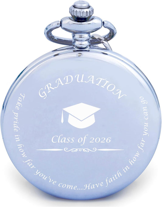 HOTFJ FREDERICK JAMES College Graduation Gift for Him 2026 - Silver Pocket Watch - Engraved ‘Class of 2026’ – Meaningful High School Grad Gifts for Boys/Son