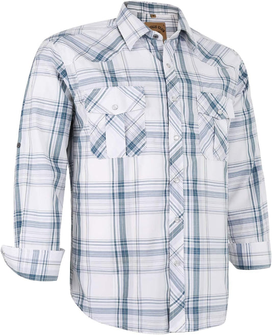 HOTCOEVALS CLUB Men's Western Pearl Snap Button Up Casual Cowboy Long Sleeve Two Pockets Work Shirts
