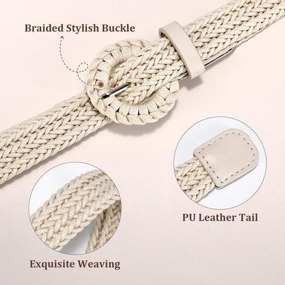 HOTJASGOOD Women's Straw Braided Woven Boho Belt - Skinny Raffia Waist Strap for Summer Dresses & Jeans(Width:0.9")