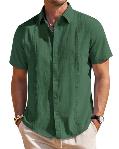 HOTMens Linen Textured Shirt Short Sleeve Button Down Cuban Guayabera Shirt | 100% Cotton, Casual Wear, Lightweight Breathable, Summer Beach, Untucked, Relaxed Fit, Vacation, Cruise, Camp, Collared