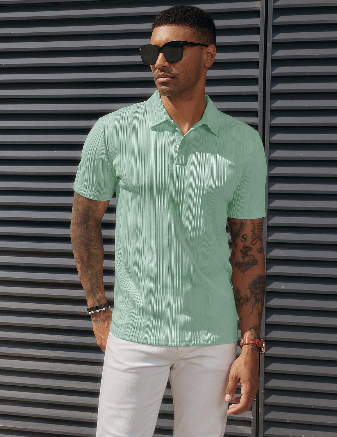 HOTPJ PAUL JONES Mens Polo Shirts Textured Knit Polo Stretchy Regular Fit Collared Golf Shirts
