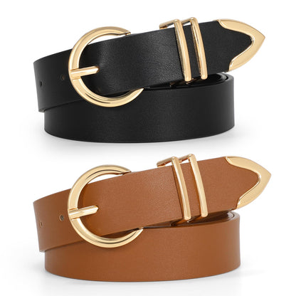 HOTVONMELLI 2 Pack Women's Leather Belts for Jeans Dresses Fashion Gold Buckle Ladies Belt