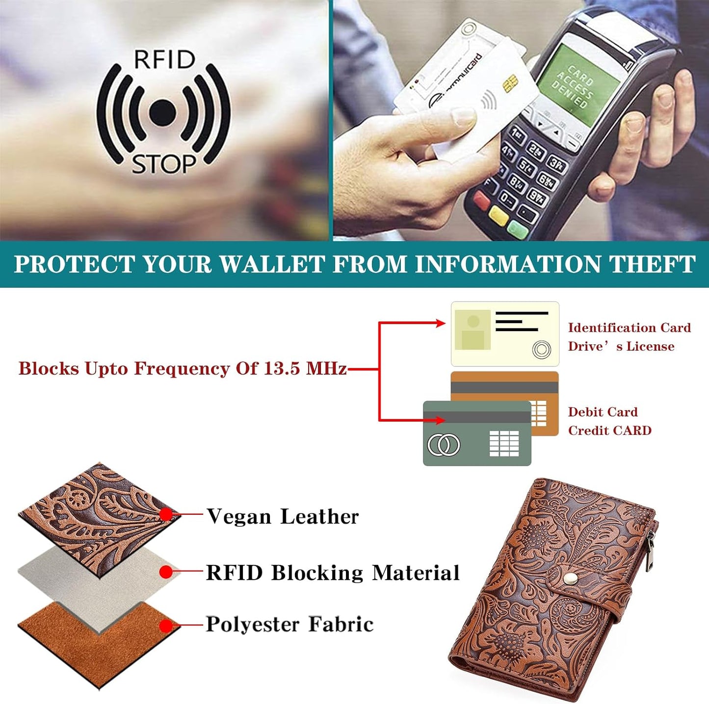 HOTGOIACII Women's Wallet RFID Blocking Leather Trifold Credit Card Holder | Pen Holder, Passport Compartment, Zipper Coin Pocket, Compact, Large Capacity Ladies Travel Wallet, Floral Embossed Brown