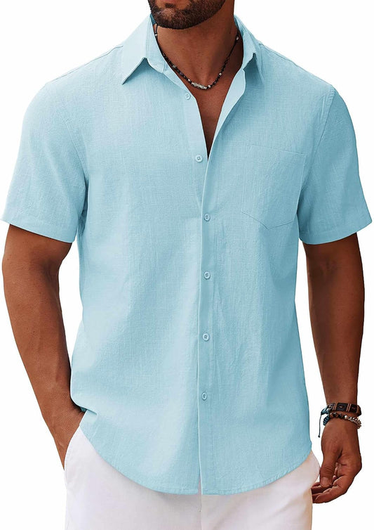 HOTCOOFANDY Men's Button Down Short Sleeve Shirt Casual Cotton Summer Beach Linen Wedding Shirts with Pocket