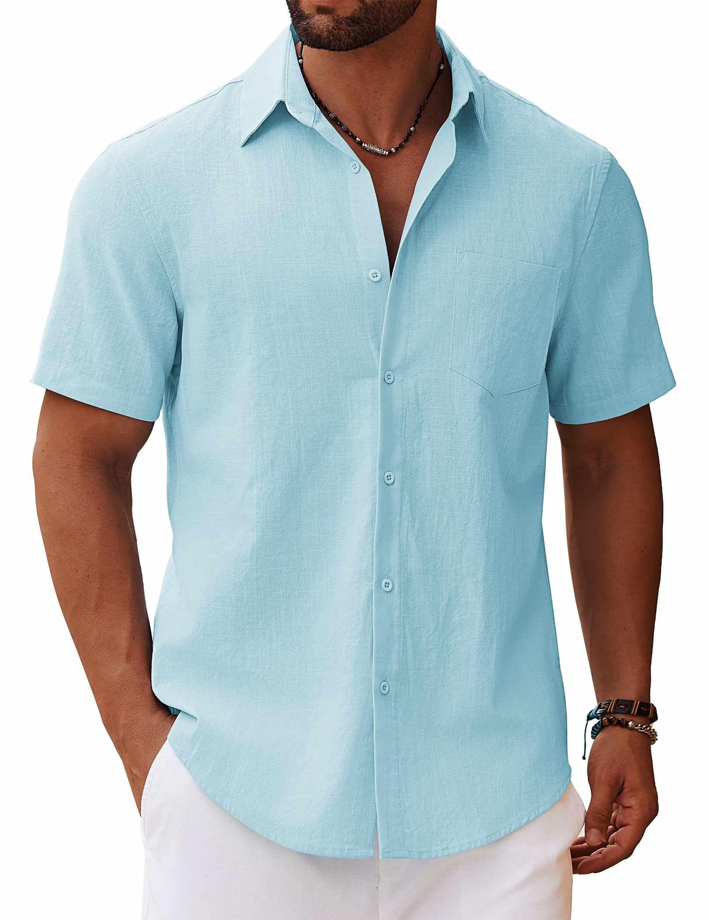 HOTCOOFANDY Men's Button Down Short Sleeve Shirt Casual Cotton Summer Beach Linen Wedding Shirts with Pocket