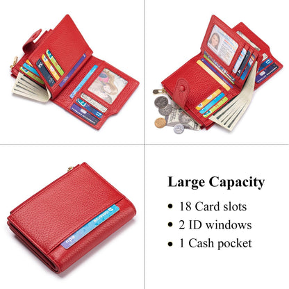 HOTGenuine Leather Wallets for Women RFID Blocking Bifold with Zipper Pocket, 2 ID Windows, 18 Card Slots, Red