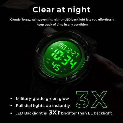 HOTPINDOWS Men's Digital Watch, 50M Waterproof Military Tactical Sport | 10M drop-resistant case, 3X bright LED backlight, and an infinitely adjustable breathable nylon band for a custom fit
