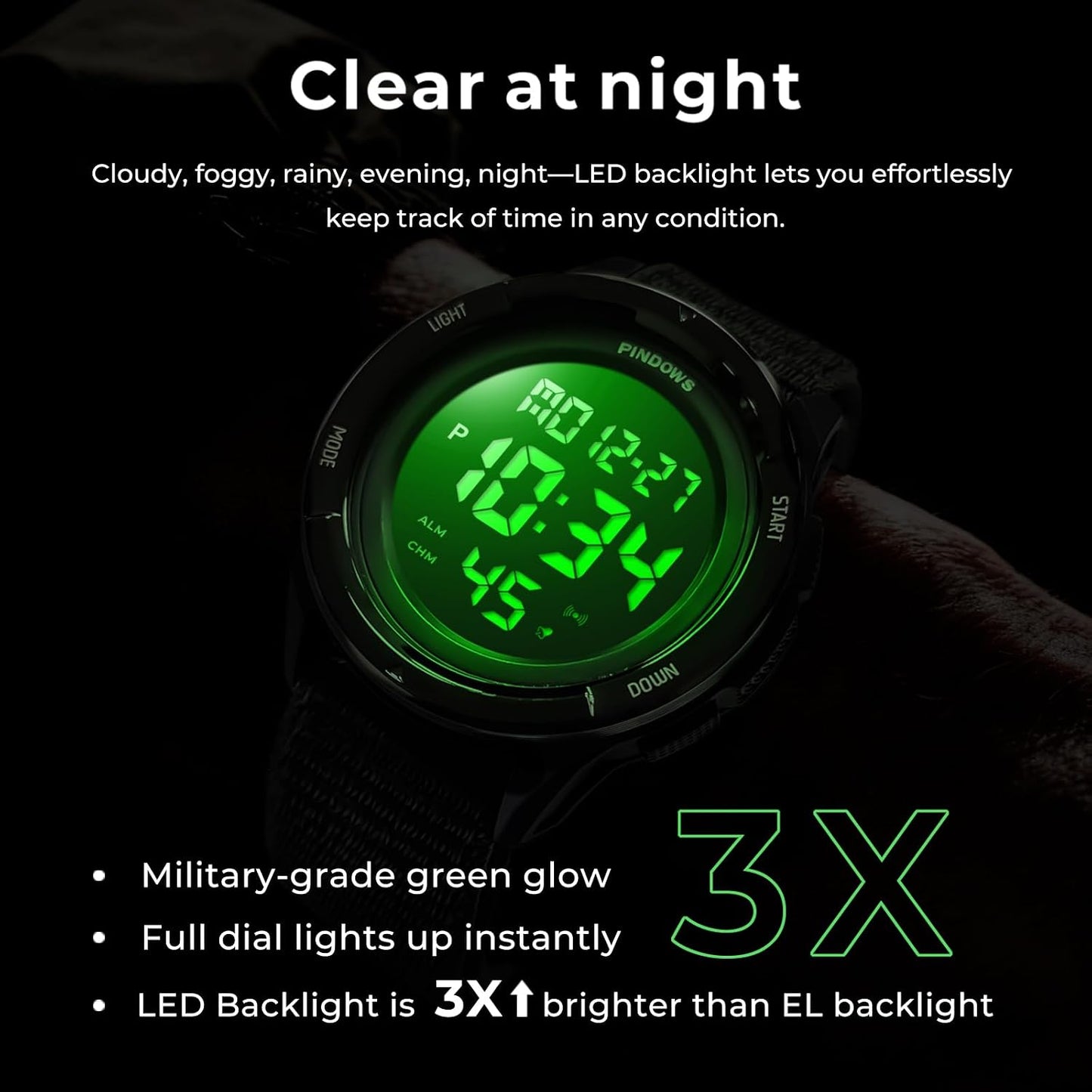 HOTPINDOWS Men's Digital Watch, 50M Waterproof Military Tactical Sport | 10M drop-resistant case, 3X bright LED backlight, and an infinitely adjustable breathable nylon band for a custom fit