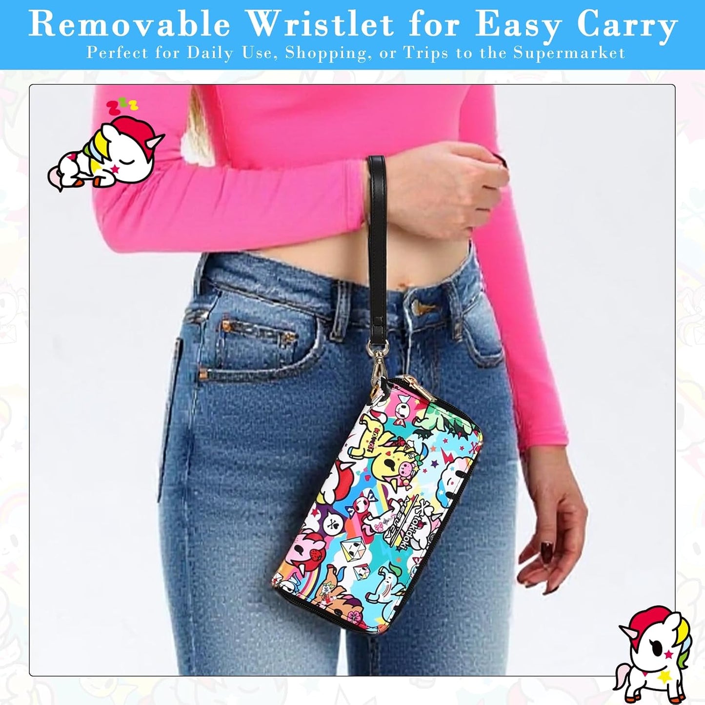 HOTtokidoki Cute Wallet for Women, Wristlet Clutch Purse with Coin Pouch, Zipper Leather Card Holder & Phone Wallet