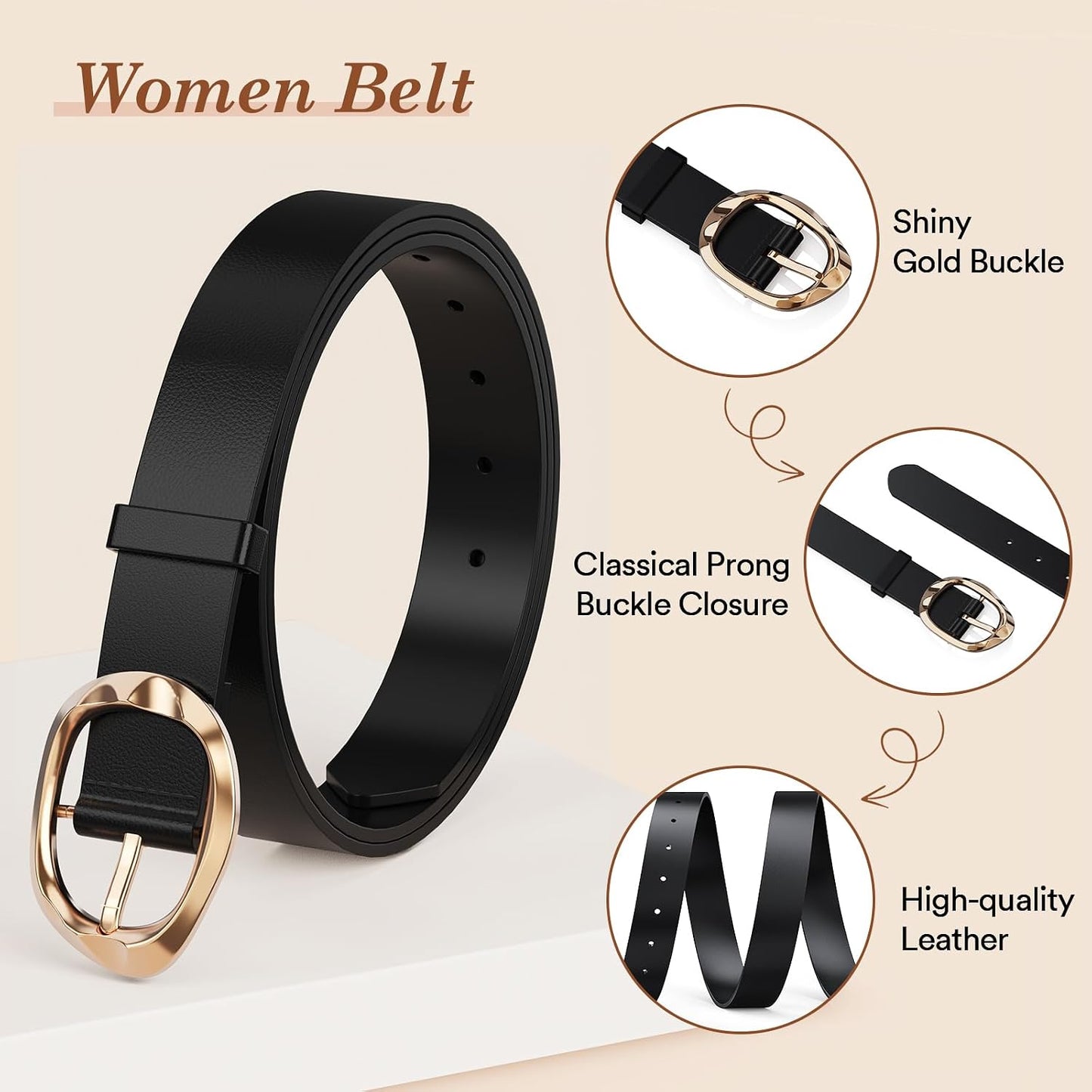 HOTAmyzavls 3 Pack Women's Belts for Jeans, Dresses, Pants, Leather Belt for Women with Fluid Liquid Shaped Gold Buckle, Black & Brown & Beige Trendy Fashion Belts for Ladies 43 inch