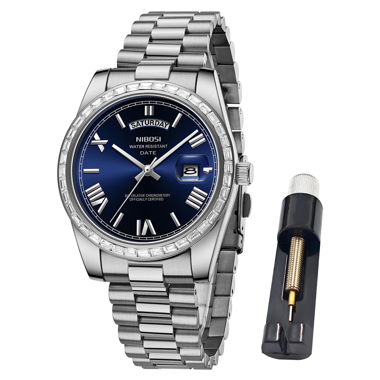 HOTNIBOSI Men's Watches Analog Quartz Diamond Bezel Stainless Steel Dial Rose Gold Silver Watches for Men Waterproof Business Classic Dress Wrist Watch with Day Date