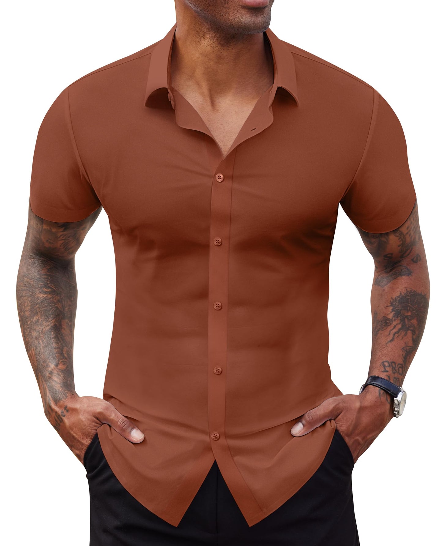 HOTLion Nardo Stretch Dress Shirts for Men Short Sleeve Slim Fit Casual Button Down Shirts Muscle Fit Men's Dress Shirts