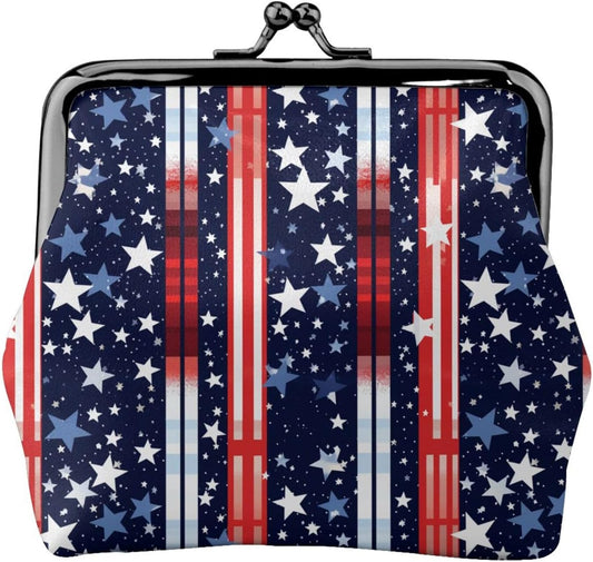HOTRed White Blue Stars and Stripes American Flag Leather Coin Purse Compact Pouch Card Holder Wallet for Women Daily Use Travel Gifts