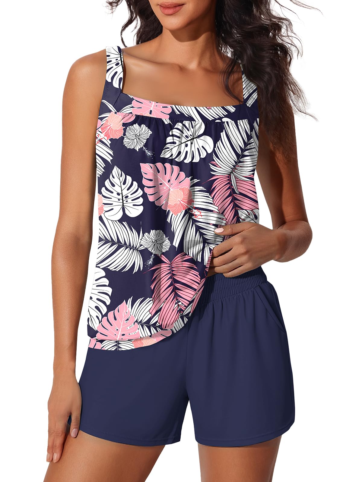 HOTSummer Mae Blouson Womens Tankini Swimsuits Tummy Control Bathing | Modest tankini with adjustable straps,built-in brief,swim shorts with pockets,plus for beach,pool,vacation