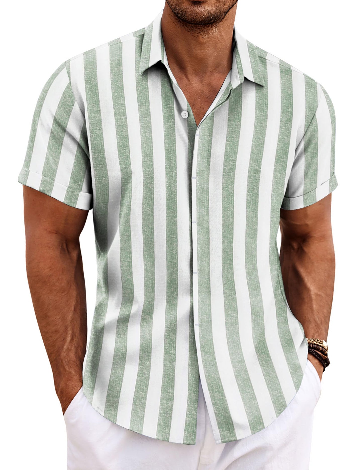 HOTCOOFANDY Men's Linen Shirts Short Sleeve Casual Shirts Button Down Shirt for Men Beach Summer Wedding Shirt