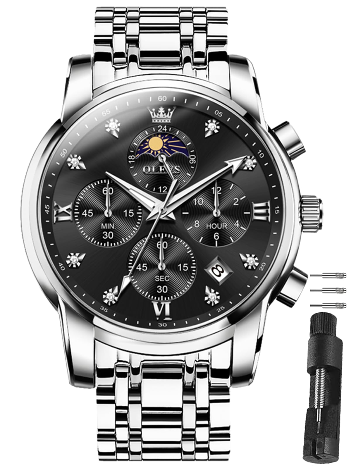 HOTOLEVS Watches for Men Dress Watch Chronograph Luxury Stainless Steel Big Face Men Watches Multi-Function Easy to Read Diamond Roman Numerals Business Wristwatch Reloj para Hombre