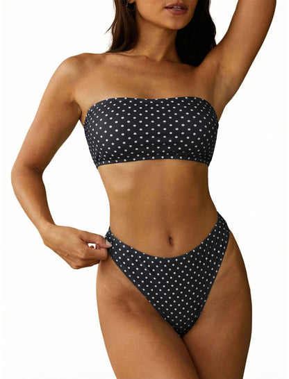 HOTZAFUL Women Strapless Bandeau Bikini 2 Piece Swimwear Lace up Bathing Suits | Strapless Textured Bikini Set Cheeky Solid Bandeau Bathing Suits