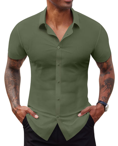 HOTLion Nardo Stretch Dress Shirts for Men Short Sleeve Slim Fit Casual Button Down Shirts Muscle Fit Men's Dress Shirts