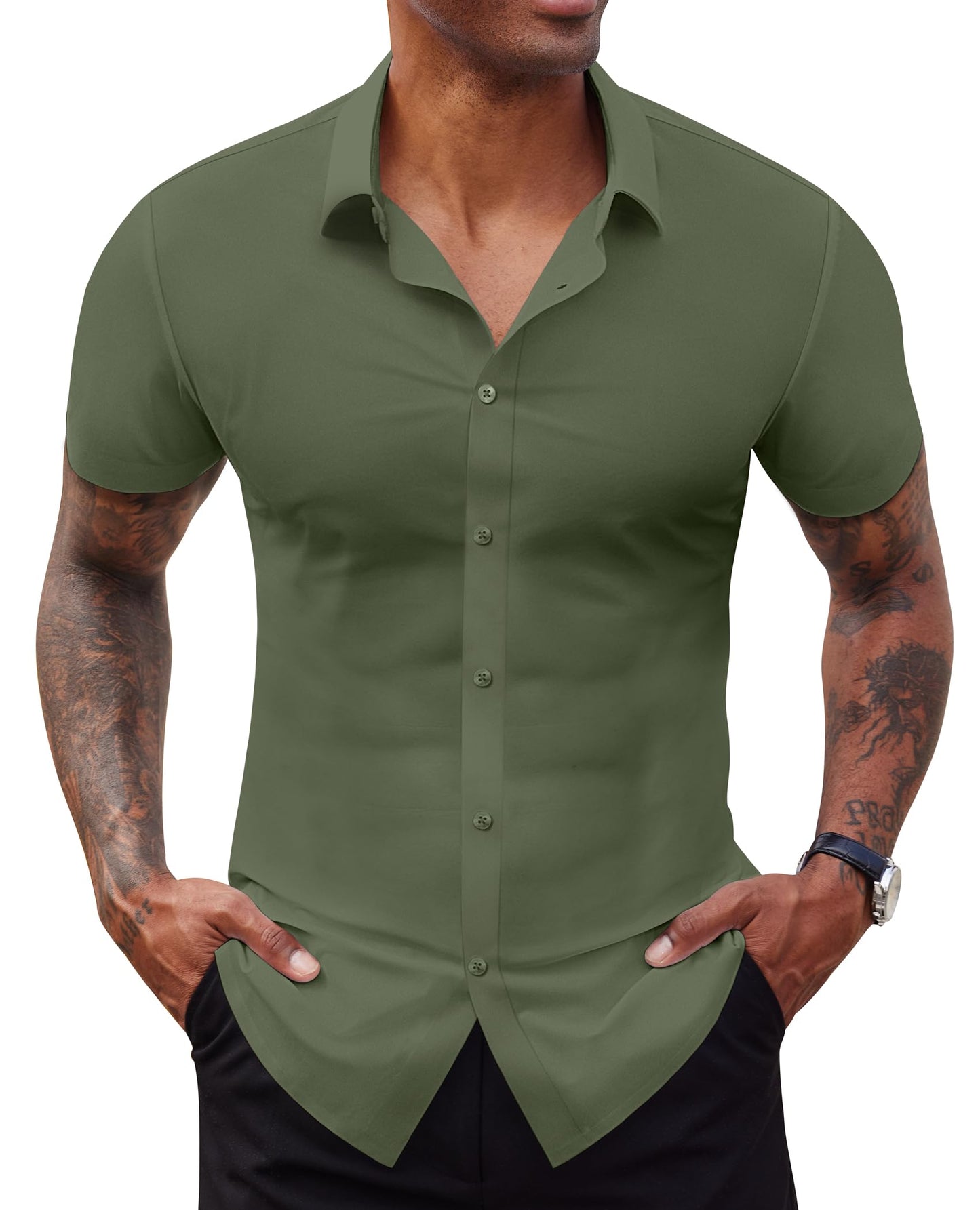 HOTLion Nardo Stretch Dress Shirts for Men Short Sleeve Slim Fit Casual Button Down Shirts Muscle Fit Men's Dress Shirts