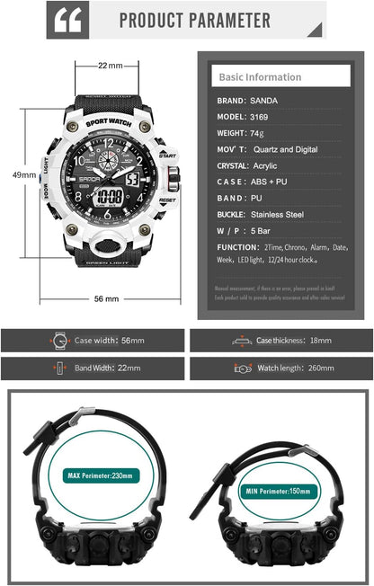 HOTKXAITO Men's Watches Sports Outdoor Waterproof Military Wrist Watch Date Multi Function Tactics LED Alarm Stopwatch