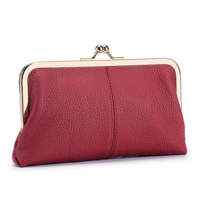 HOTVintage Kiss Lock Leather Wallet for Women, Clutch, Orange | Genuine Leather, Multi-card Slots Card Holder Clutch Purse Travel Wallet