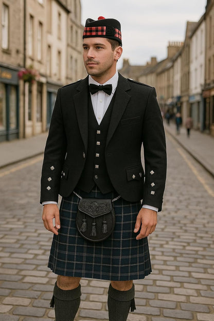 HOTBlack Leather Double Embossed 3 tassels Kilt Sporran w/Chain and Belt