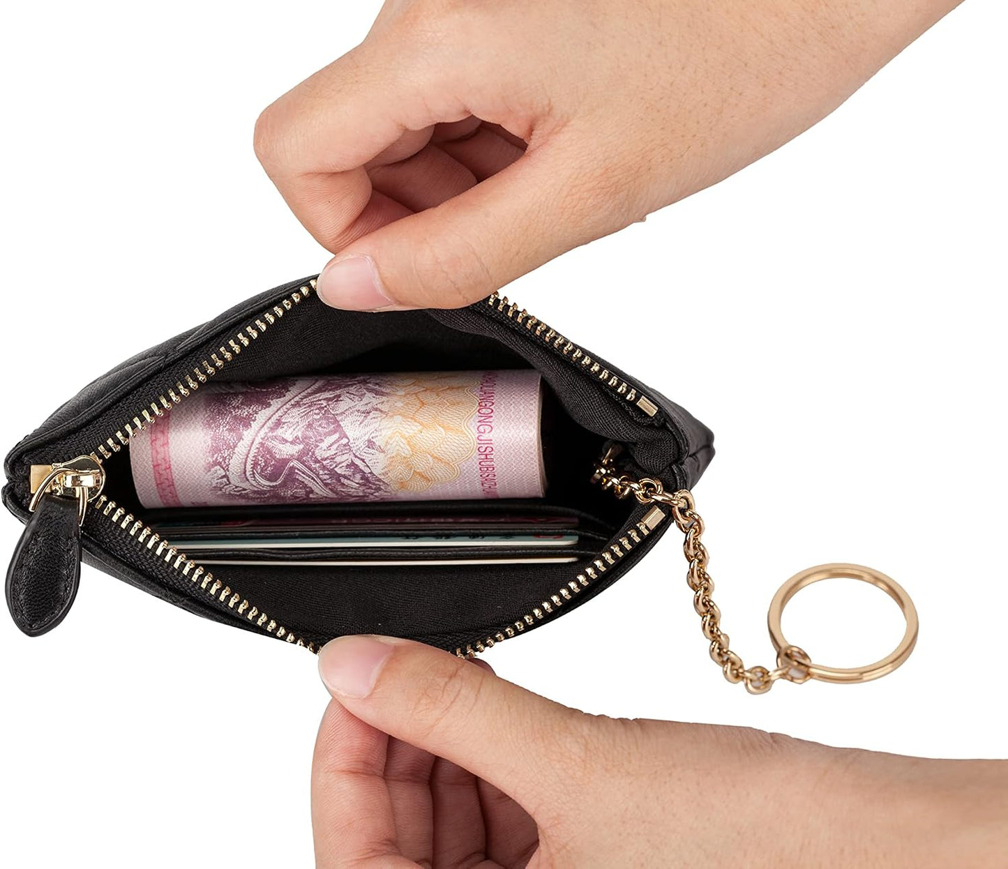 HOTDORIS&JACKY Quilted Leather Coin Purse for Women Mini RFID Zipper Wallet | Soft Lambskin Credit Card Holder with Key Chain, Small Designer Coin Pouch, RFID Blocking Functional Card Case