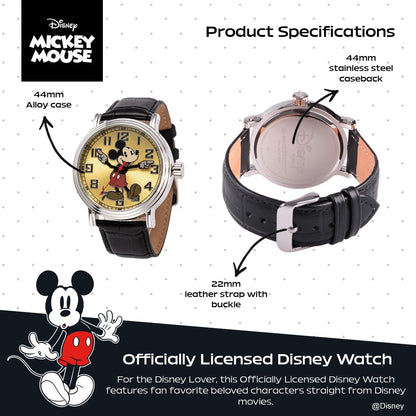 HOTFull Color Mickey Mouse Head Silhouette Watch for Men \u2013 Iconic Mickey Mouse Watches for Men \u2013 Stylish Watch \u2013 Classic Watches with Silver Dial &amp; Black Leather Bracelet