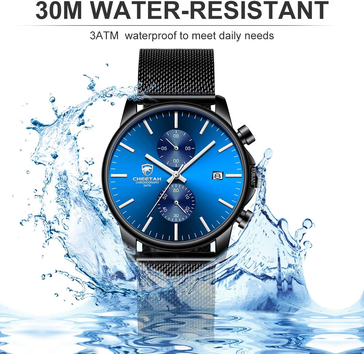 HOTGOLDEN HOUR Mens Watch Fashion Sleek Minimalist Quartz Analog Mesh Stainless Steel Waterproof Chronograph Watches for Men with Auto Date