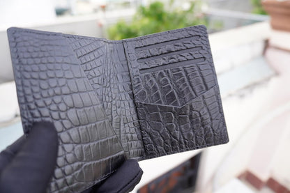 HOTBlack Alligator Leather Business Card Holder Men Minimalist Crocodile Bifold Front Pocket Card Wallet Double Side Travel ID Case Handmade Card Case
