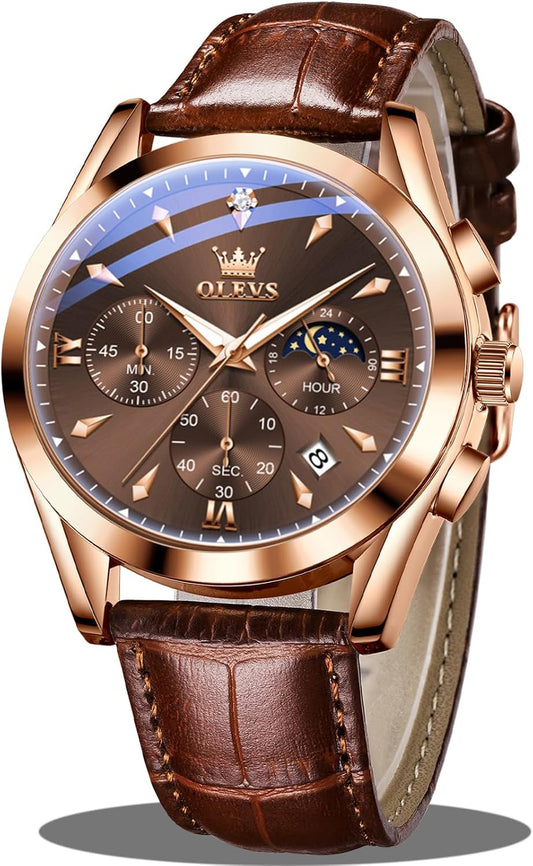 HOTOLEVS Men's Leather Analog Quartz Watch - Luxury Chronograph Wristwatch with Date, Waterproof, Luminous - Dress Style