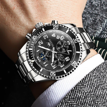 HOTOLEVS Mens Watches Chronograph Watch Luxury Dress Stainless Steel Waterproof Watches for Men Moon Phase Luminous Business Calendar Wrist Watch Blue/Black/Green/Gold/Face