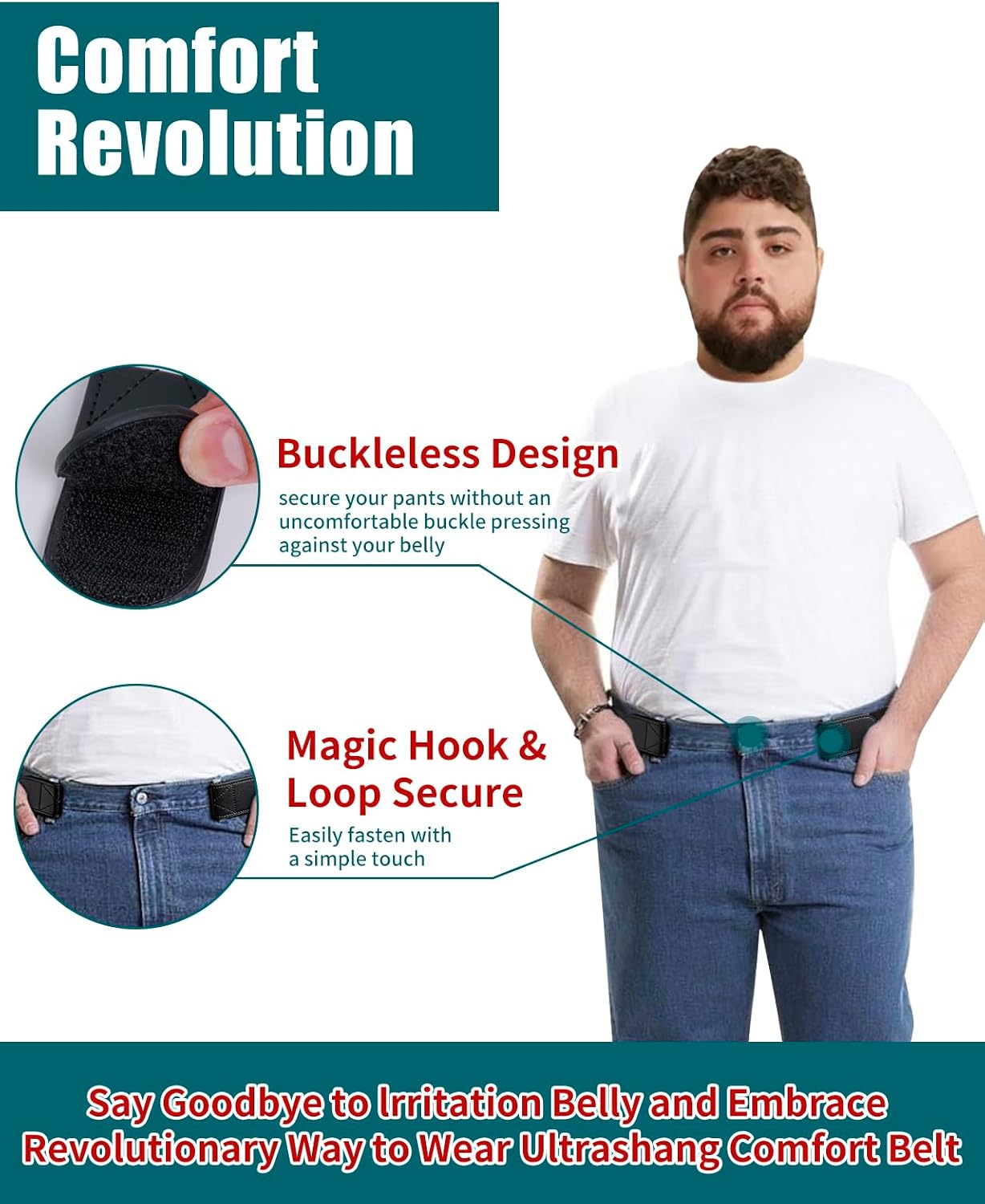 HOTMagic Buckleless Men's Stretch Belts: Comfort Revolution- Hook-Loop Adjustable No Buckle Elastic Belt for Jeans Khaki, 32-48"