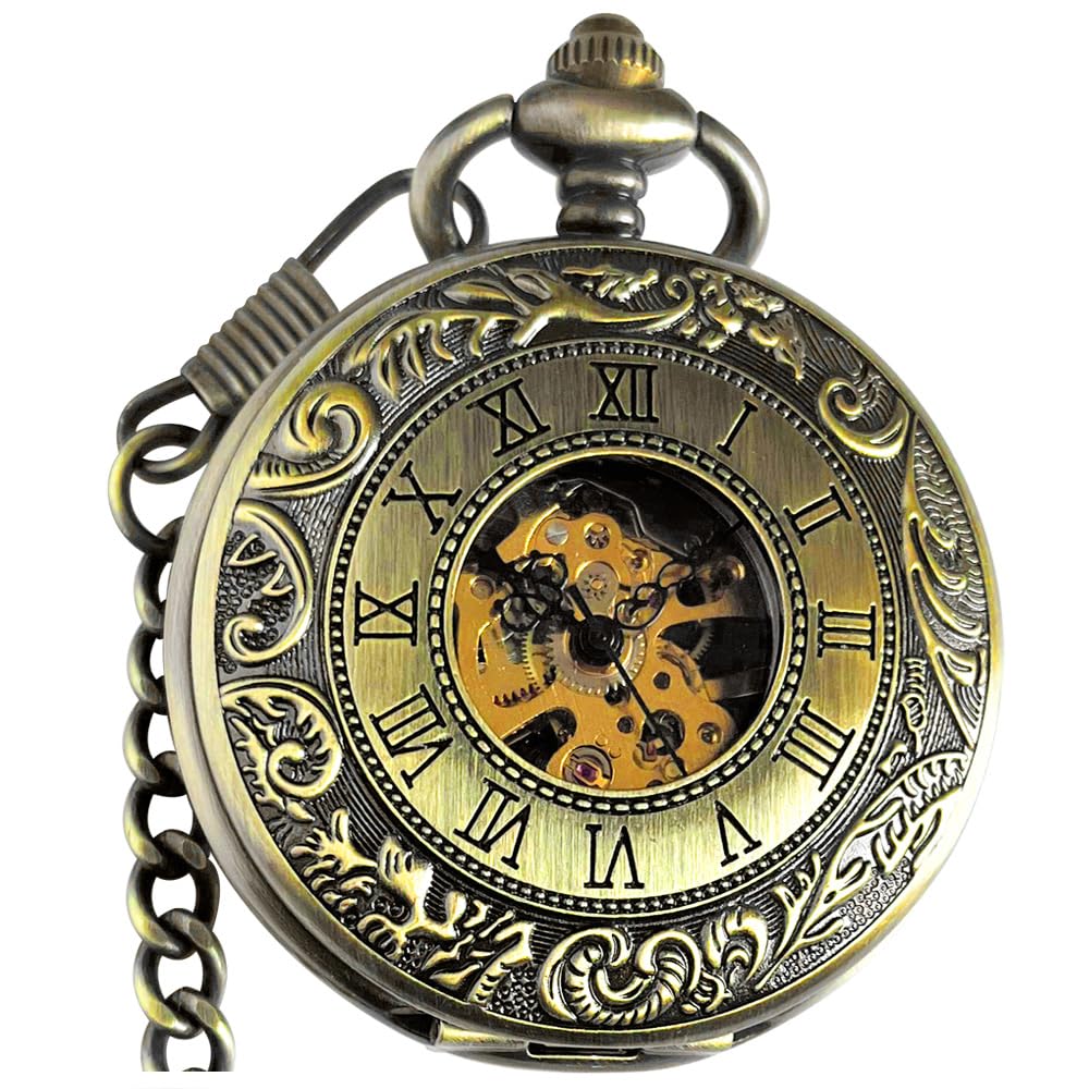 HOTVIGOROSO Mechanical Pocket Watches for Men Skeleton Pocket Watch with Chain | Vintage gold men's pocket watch,Hand wind up mechanical,Roman No. analog pocketwatch,Reloj de bolsillo para hombre,Gift ideal