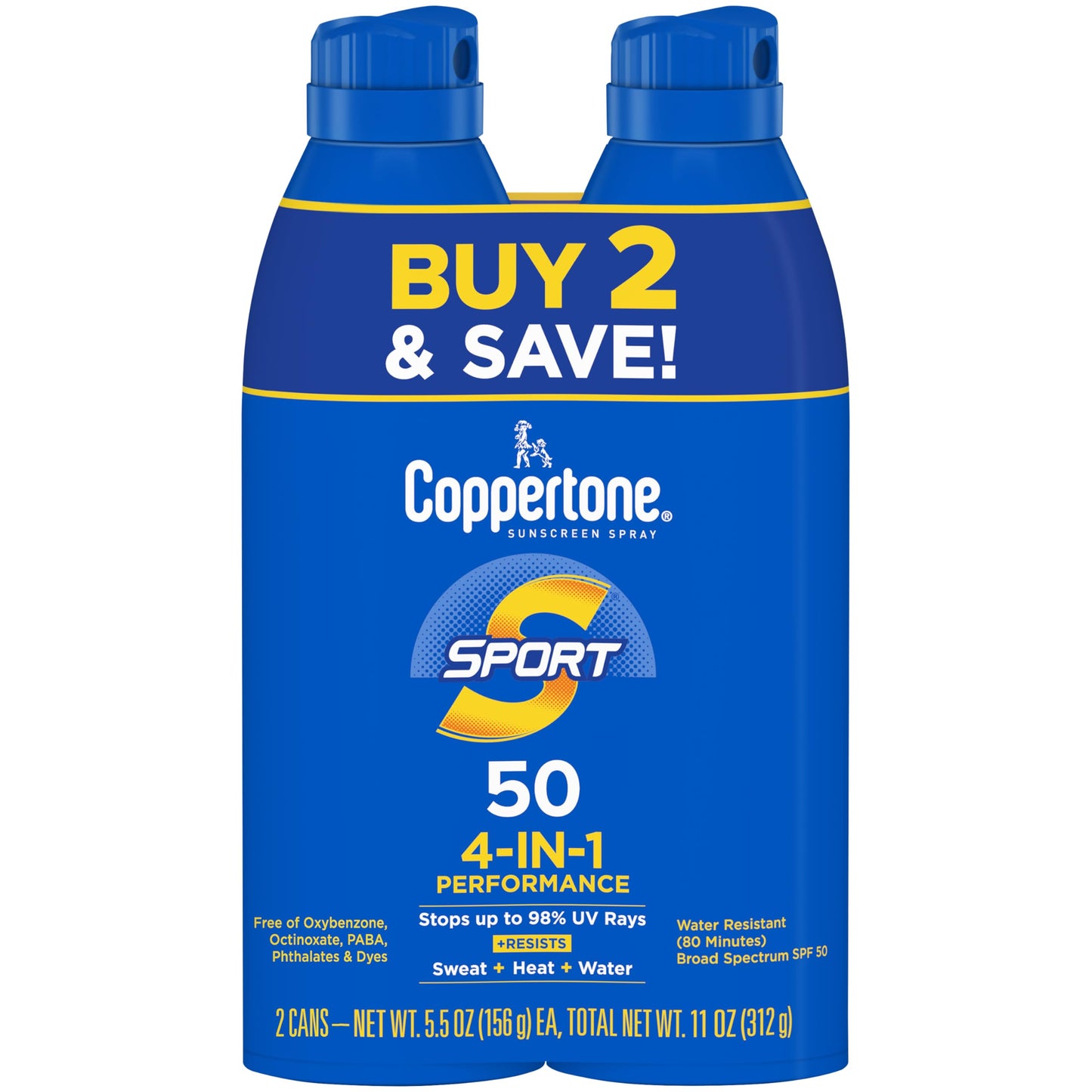 HOTCoppertone Sport Sunscreen Spray SPF 50, Sweat, Heat and Water Resistant Sunblock, Lightweight, Oxybenzone Free, Spray Sunscreen Bulk Pack, 5.5 Oz Bottle, Pack of 3