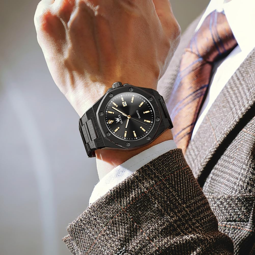 HOTOLEVS Mens Watches Octagonal Luxury Stainless Steel Dress Watches for Men Quartz Analog Large Face Luminous Relojes para Hombres