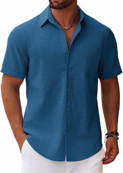 HOTCOOFANDY Men's Button Down Short Sleeve Shirt Casual Cotton Summer Beach Linen Wedding Shirts with Pocket