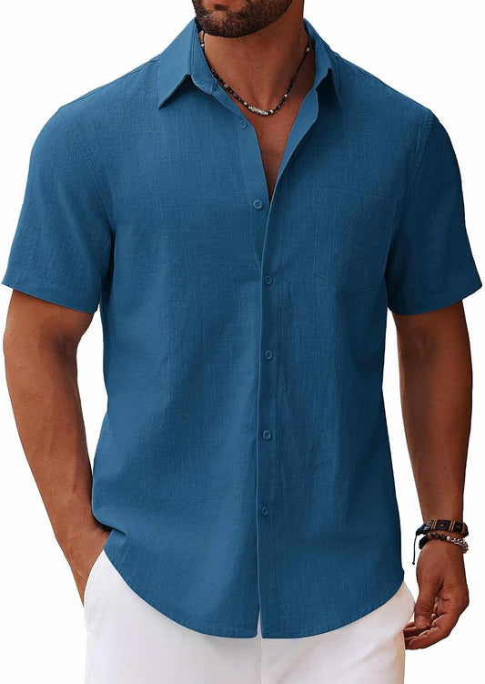 HOTCOOFANDY Men's Button Down Short Sleeve Shirt Casual Cotton Summer Beach Linen Wedding Shirts with Pocket