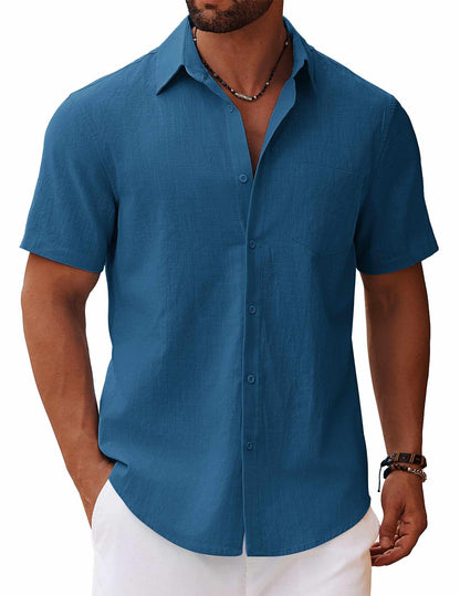 HOTCOOFANDY Men's Button Down Short Sleeve Shirt Casual Cotton Summer Beach Linen Wedding Shirts with Pocket