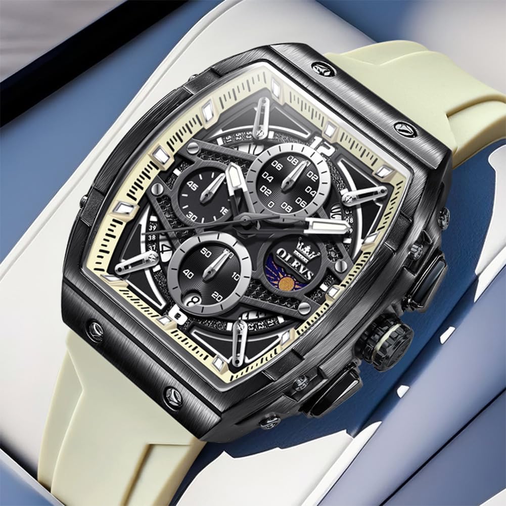 HOTOLEVS Men Watches Business Dress Chronograph Big Square Quartz Analog Male Watch Silicone Strap Waterproof Date Gift Mens Wrsit Watch Silver