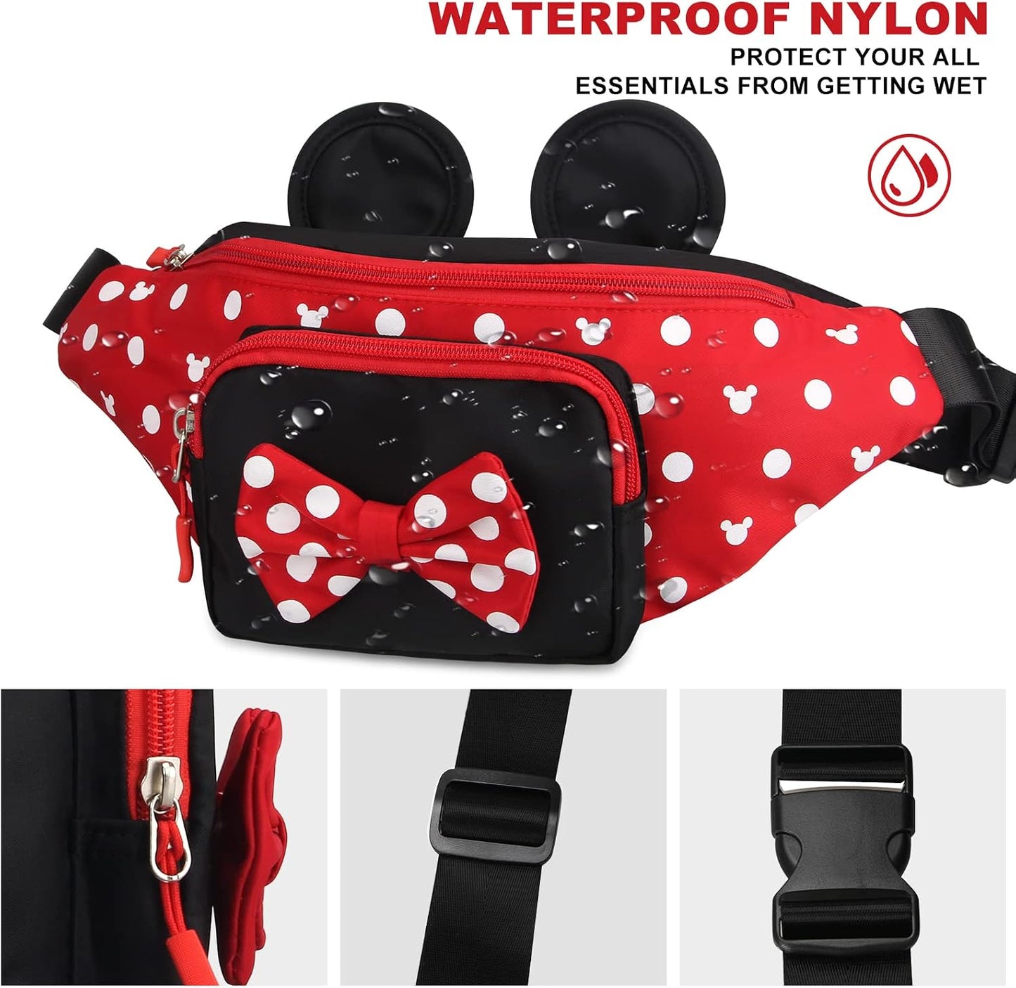 HOTCute Fanny Pack for Travel Best Fanny Pack Women Waist Pack Teen Girls Mini Mouse Belt Bag Cartoon Fanny Packs Hiking Bum Bags Outdoor Waist Bag with Mouse Ears Red