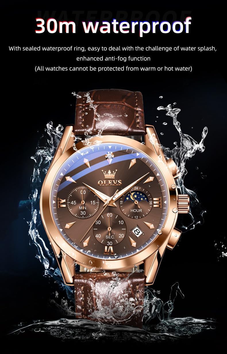 HOTOLEVS Men's Leather Analog Quartz Watch - Luxury Chronograph Wristwatch with Date, Waterproof, Luminous - Dress Style